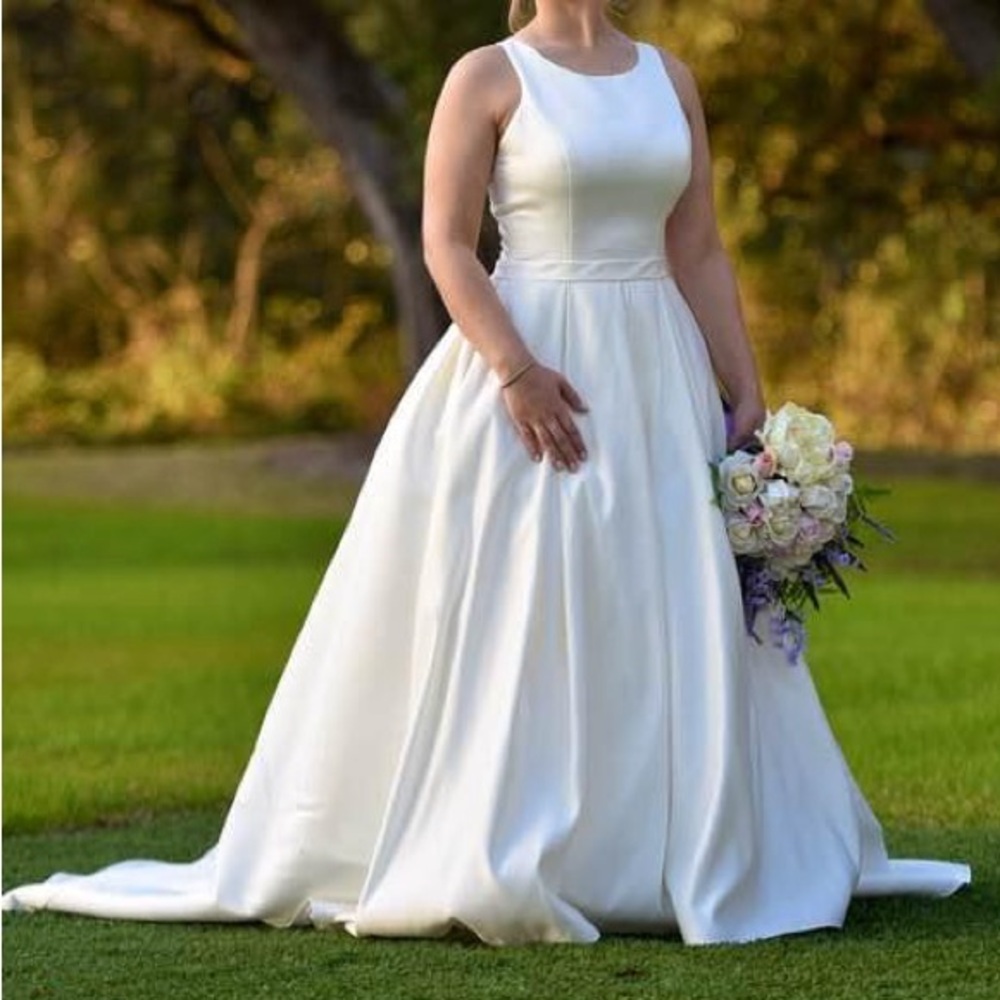 J’adore, satin A-line, lace back, wedding dress with pockets